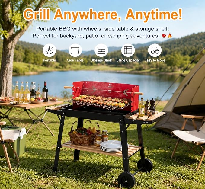 Portable Outdoor BBQ Grill, Red & Black Charcoal Barbecue with Adjustable Height, Side Table & Storage Shelf, Wheels for Backyard, Patio, Camping, Family Outdoor Cooking
