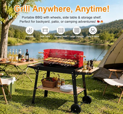 Portable Outdoor BBQ Grill, Red & Black Charcoal Barbecue with Adjustable Height, Side Table & Storage Shelf, Wheels for Backyard, Patio, Camping, Family Outdoor Cooking