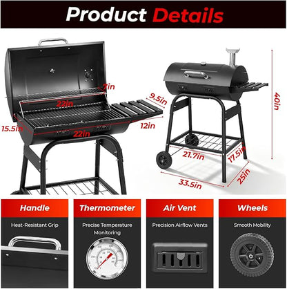VINGLI Upgraded Barrel Charcoal Grill with 2 Sides Table, BBQ Grill Outdoor Smoker with Wheels for Party Garden Patio and Backyard Cooking 39''D × 24''W × 46''H (Upgraded Grill w/Side Table)