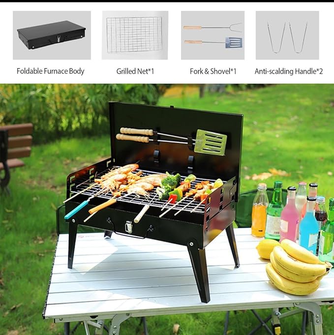 Portable Charcoal Grill - Foldable BBQ Suitcase with Shelf - Ideal for Camping Picnics and Garden Grilling