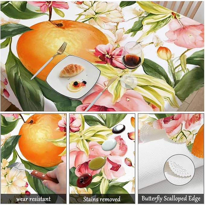 Swono Decorative Rectangle Tablecloth Orange, Watercolor Blooming Orange Flowers Twig Summer Polyester Tablecloth Kitchen Table Cover for Dining BBQ Picnic Coffee Table 50x72