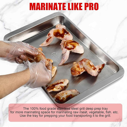 Grilling Prep and Serve Trays, Set of 3 Stackable Stainless Steel BBQ Trays with Cutting Board, Deep Marinating Container, Serving Platter for Plating Food, BBQ Prep Tub for Marinating Meats