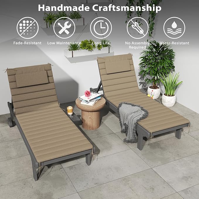 Sundale Outdoor Olefin Quilted Lounge Cushion Set of 4, Patio Foldable Chaise Lounger Cushion, Water-Resistant Lounge Chair Pad with Straps Khaki, 80 x 26 inches