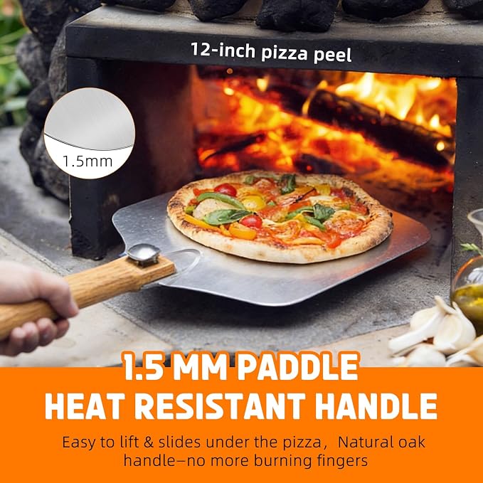 2Pcs Aluminum Pizza Peel Set | 12"×14" Metal Pizza Paddle (Foldable Wooden Handle) + Rocker Cutter | Pizza Box Packaging, Gift-Ready for Baking Lovers