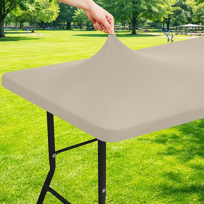 Moosfor Spandex 4 Foot Rectangle Table Cloth, Elastic Fitted Tablecloths for Picnic, Stretch Washable Patio Table Cover for Outdoor, Camping, Banquet and Parties (Taupe, 24"x48")