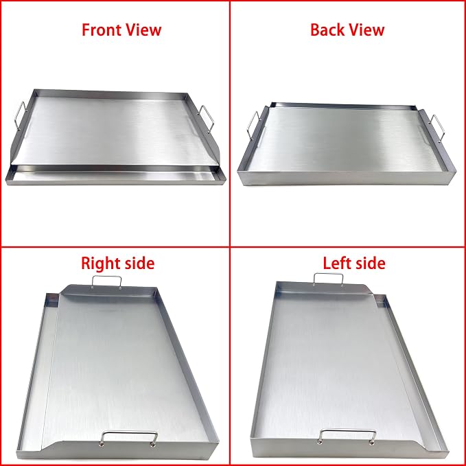 Parts DS127 Stainless Steel BBQ Cooking Griddle, Universal Flat Top Griddle with 2 Handles for Most Gas Grills, W25"×D16"×H2.75", Heavy Duty Stainless Steel Griddle 1pc, Large size
