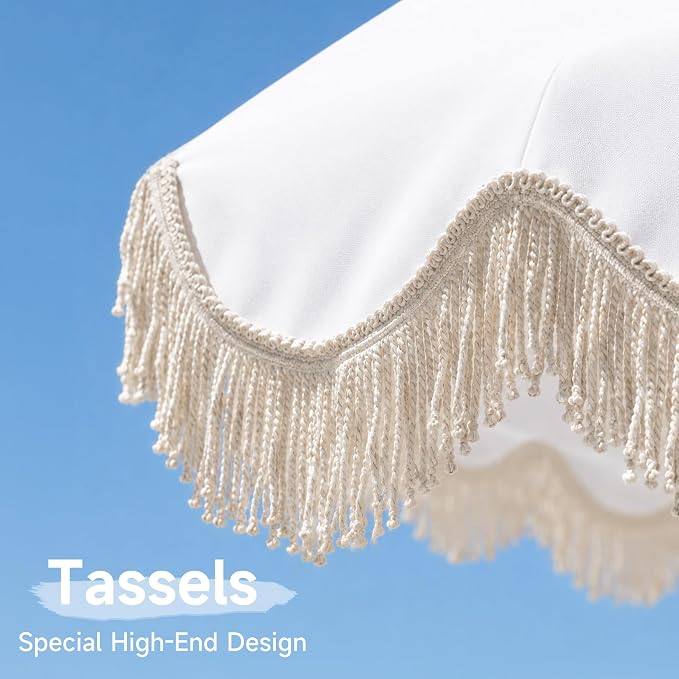 7.5FT Boho Patio Umberlla with Fringe,UPF50+ Outdoor Umbrella with Fiberglass Ribs and Push Button Tilt,Tassels Umbrella for Beach,Terrace,Picnic