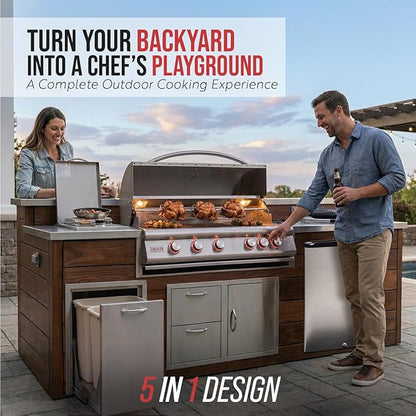 BLAZE BBQ Outdoor Grill Package 4 of 40” LTE Built-in Natural Gas Grill, Dop-In Single Side Burner, 32” Door & Two Drawers Combo, Double Trash Drawer, 20” Compact Refrigerator, and Accessories
