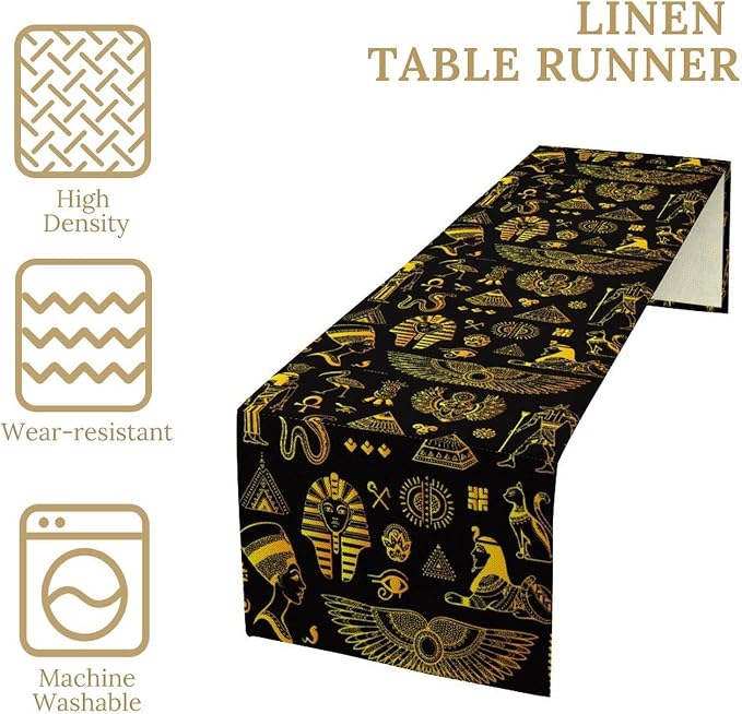 Ancient Egypt Table Runner Vintage Egyptian Culture Symbol Gold Black Dinner Runner Mysterious Egypt Tribal Ethnic Farmhouse Coffee Kitchen Dining Table Holiday Party Home Decor 13x60in