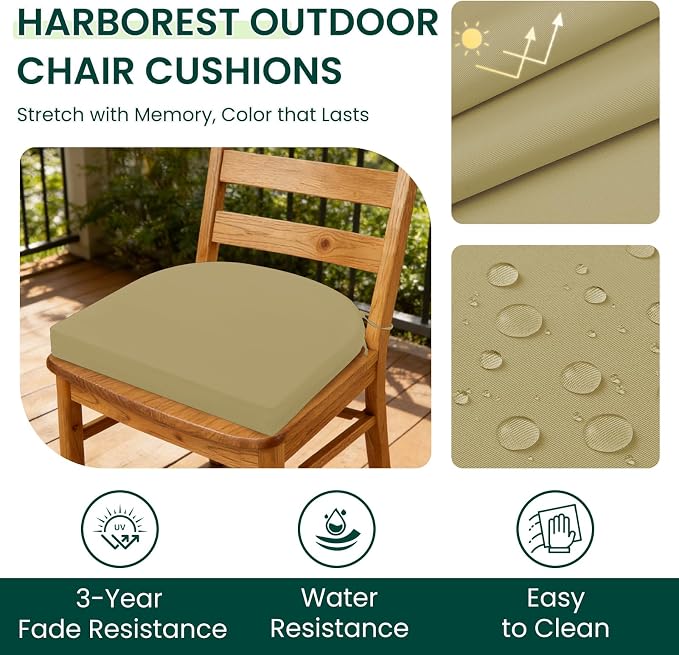 HARBOREST Outdoor Chair Cushions Set of 6, Water Resistant Patio Chair Cushions with Ties, Outdoor Seat Cushions for Patio Furniture, 17"x16"x2", Khaki