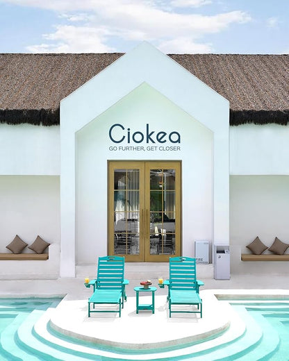 Ciokea Outdoor Chaise Lounge Chair Set of 2, Patio Lounge Chairs for Outside, HDPE Lounge Chair with Wheels & Cup Holder, Poly Chair with 5 Position for Poolside, Deck, Lake Blue