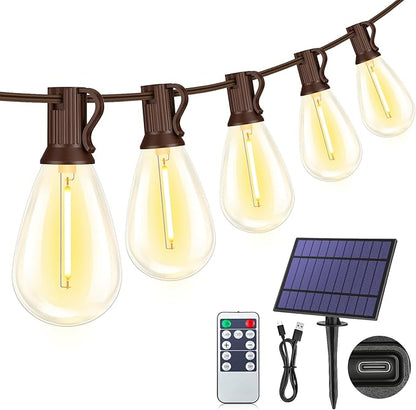 25FT Solar String Lights with Remote, 3 Lighting Mode Outdoor Waterproof Dimmable Patio Lights String with 10+1 Shatterproof S11 LED Bulbs for Backyard-Brown