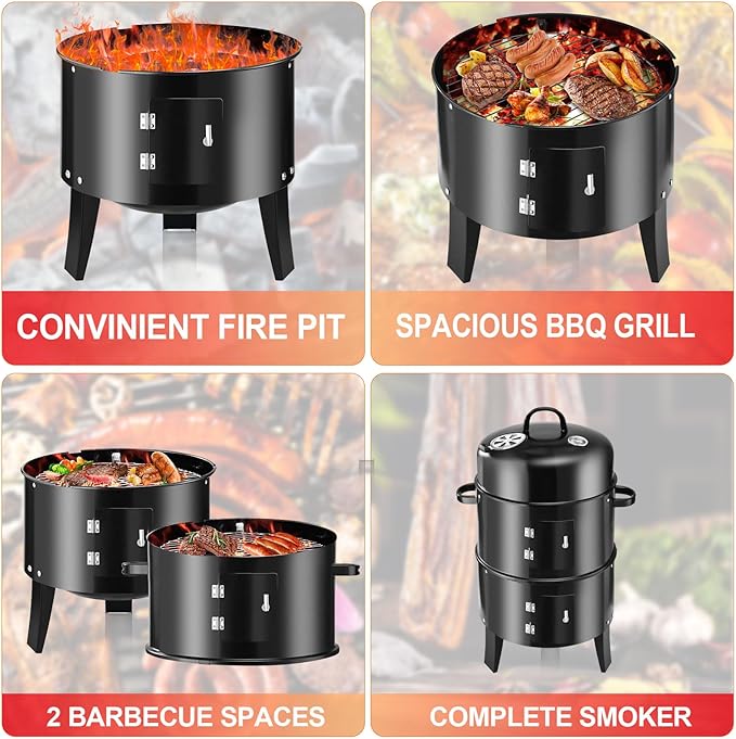 Vertical 19Inch Round Charcoal Smoker Grill,Heavy-Duty BBQ Smoker for Outdoor Smoking Multi-Layer Pellet Ideal for Meats-Offset Charcoal Grill with Hook,Thermometer,Black