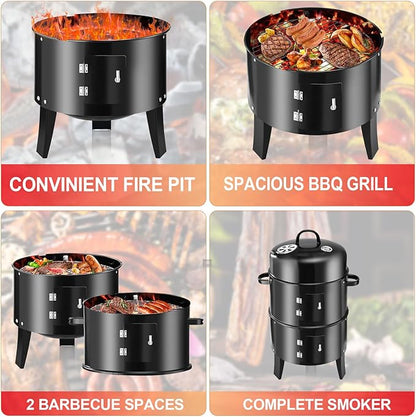 Vertical 19Inch Round Charcoal Smoker Grill,Heavy-Duty BBQ Smoker for Outdoor Smoking Multi-Layer Pellet Ideal for Meats-Offset Charcoal Grill with Hook,Thermometer,Black
