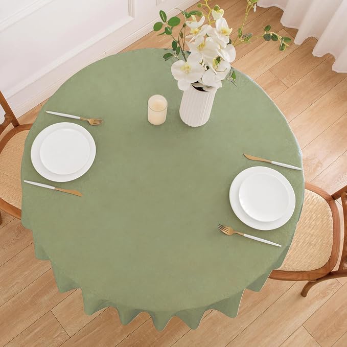 NLMUVW 48 Inch Round Vinyl Tablecloth with Flannel Backing, Olive Green Small PVC Table Cloth Waterproof Wipe Clean Table Cover for Dining Party Camping Outdoor