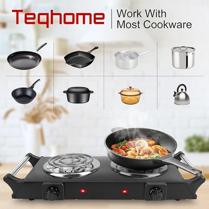 2000W Hot Plate,Portable Electric Stove Countertop Double Coil Burners W/5 Level Temperature Control & Stay Cool Handles, Easy to Clean, Lightweight Cast Iron Electric Stove for RV/Home/Camp 110V