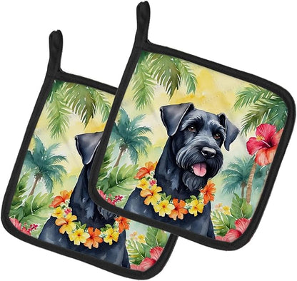 Caroline's Treasures Giant Schnauzer Luau Pair of Pot Holders Kitchen Heat Resistant Pot Holders Sets Oven Hot Pads for Cooking Baking BBQ, 7 1/2 x 7 1/2