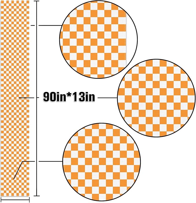 Orange White Checkered Table Runner Fall Thanksgiving Harvest Checkerboard Decoration for Wedding Birthday Bridal Baby Shower Christmas Home Party Kitchen Island Decor (Orange, 13" x 90")