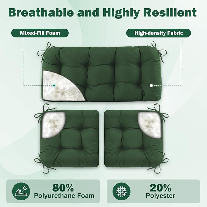 Outdoor Wicker Chair Cushion, 44×19×4 in, Waterproof, Forest Green | Waterproof Wicker Furniture Cushions, Fade Resistant, 3 Piece Patio Furniture Cushions Set for Bench, Loveseat, Swing, Settee