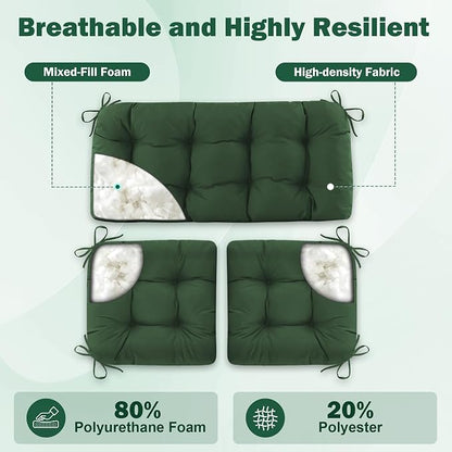 Outdoor Wicker Chair Cushion, 44×19×4 in, Waterproof, Forest Green | Waterproof Wicker Furniture Cushions, Fade Resistant, 3 Piece Patio Furniture Cushions Set for Bench, Loveseat, Swing, Settee