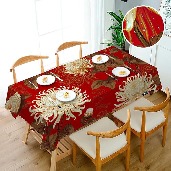 Swono Japanese Flower Table Cover Retro Blossom Chrysanthemum 50x72 Inch Table Cloth for Rectangle Tables Buffet Parties Coffee BBQ and Dinning Tablecloth, Golden Red