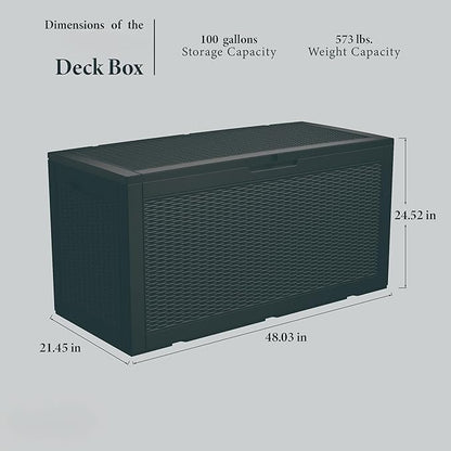 Outdoor Storage Box, 110 Gallon Resin Deck Box Waterproof for Patio Furniture, Garden Tools and Pool Accessories, Lockable UV-Resistant Storage Bin Bench Cabinet for Outside, Black