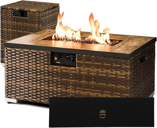 2-Piece Outdoor Propane Fire Pit Table w/Tank Holder, 32inch Handmade Rattan Wicker Firepit Ceramic Tabletop with Steel Lid 40,000 BTU Rectangle Fire Table Set for Patio, Deck, Backyard (Brown)