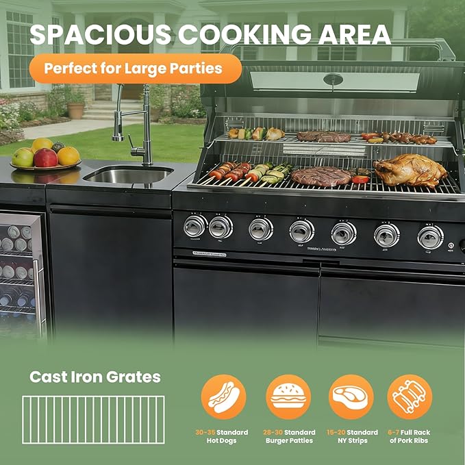 43In Outdoor Kitchen Gas Grill, 6-Burner 85,000 BTU BBQ Grill with Infrared Rotisserie,Granite Countertop, Refrigerator,Grill Cart.(Black+82in)