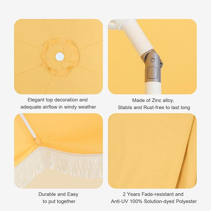 Tempera 9ft Yellow Scalloped Patio Umbrella with Fringe,UV Protection Fade Resistant Canopy, 8 Sturdy Ribs, Outdoor Table Umbrella with Crank Tilt for Lawn, Pool, Deck, Balcony