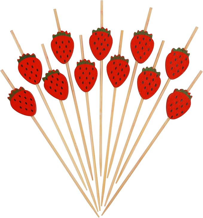 Minisland Red Strawberry Cocktail Picks, 4.7 Inch Long Bamboo Fancy Toothpicks for Appetizers, Decorative Spring Summer Tropical Party Food Drinks Garnish Fruit Kabob Skewer Sticks 100 Counts -MSL420