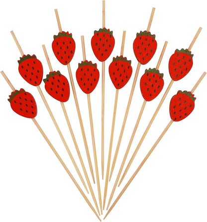 Minisland Red Strawberry Cocktail Picks, 4.7 Inch Long Bamboo Fancy Toothpicks for Appetizers, Decorative Spring Summer Tropical Party Food Drinks Garnish Fruit Kabob Skewer Sticks 100 Counts -MSL420