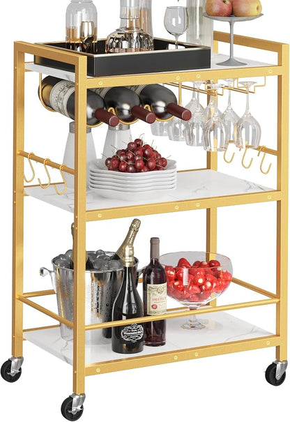 TUTOTAK Bar Cart with Wheels, Drink Cart with Wine Rack and Glass Holder | 3-Tier 23.7 Inch Wide Home Bar Serving Carts, Small Mobile Kitchen Shelf with 6 Hooks, Marble Gold BC01BMG030