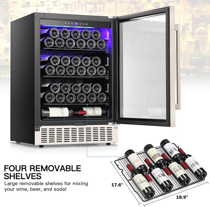 COWSAR 24 Inch Wine Cooler Refrigerator, 149 Cans Commercial Beverage Refrigerator, Tall Freestanding/Built-in Wine Fridge Drink Fridge with LED Light, Dual-Layer Digital Temp Control Glass Door