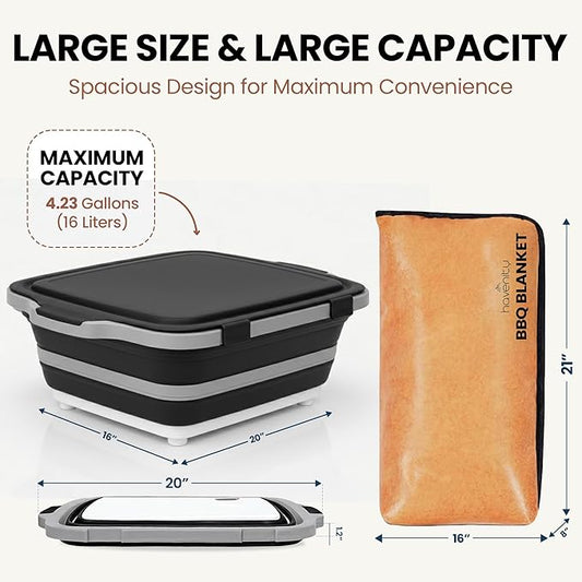 BBQ Prep Tub with BBQ Blanket, 16L Multifunctional Camping Cutting Board with lid, Collapsible Dish Basin for Meal Prep Marinating Food, Grilling & Outdoor Cooking Food Storage Container XL