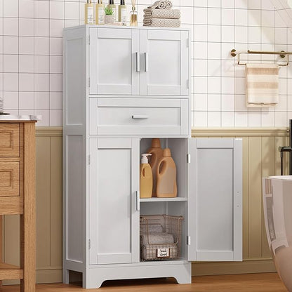 Bathroom Storage Cabinet with Adjustable Shelf & Large Drawer | Tall Storage Cabinet with 4 Doors, Kitchen Pantry Storage Cabinets, for Living Room, Dining Room, Entryway, White
