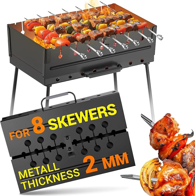 Charcoal Grill for 8 Skewers - Portable Barbecue 16.9"×11.8"×21.2" Kabob Camp Grills - Foldable Metal Mangal - Kebab Shish - BBQ for EDC Picnic Outdoor Cooking Camping Hiking (Skewers Not Included)