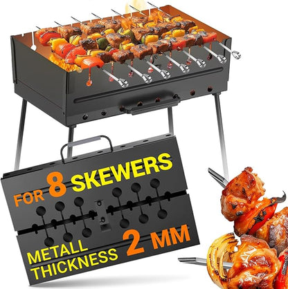 Charcoal Grill for 8 Skewers - Portable Barbecue 16.9"×11.8"×21.2" Kabob Camp Grills - Foldable Metal Mangal - Kebab Shish - BBQ for EDC Picnic Outdoor Cooking Camping Hiking (Skewers Not Included)