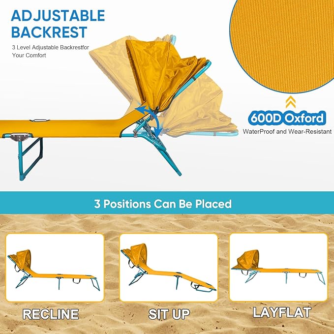 Northroad Beach Lounge Chair with Canopy Shade, Adjustable 4 Position Foldable Tanning Chair, Outdoor Heavy Duty Chaise Lounge Chair, for Poolside Patio Sunbathing Lawn, UPF 50+, Yellow