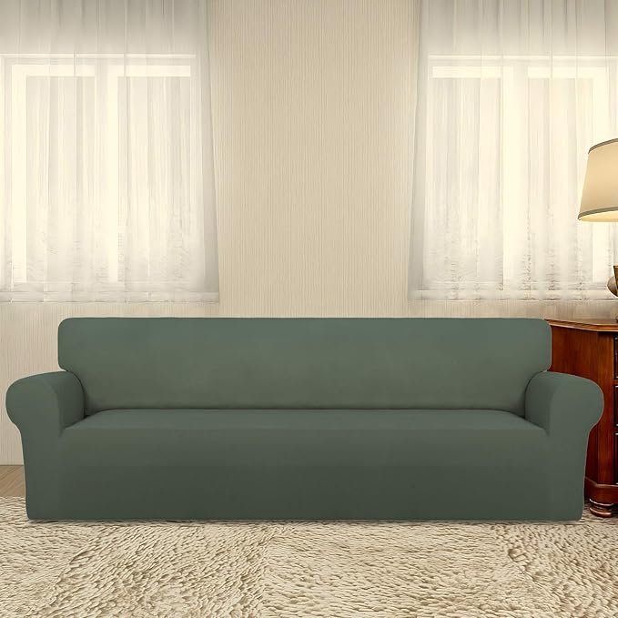 PureFit Stretch Couch Covers for Sofa 4 Seater Slipcovers Grayish Green | 1-Piece Sofa Cover Washable Soft Couch protector, Couch Slipcover with Non Skid Foam and Elastic Bottom for Kids, Dogs