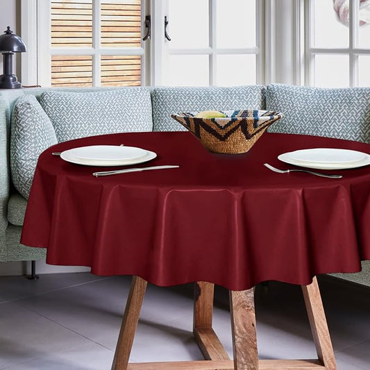 sancua 100% Waterproof Vinyl Tablecloth Table Cloth 60 Inch Round, Burgundy | Oil Spill Proof, PVC Material, Wipe Clean Table Cover for Dining Tables, Buffet Parties and Camping