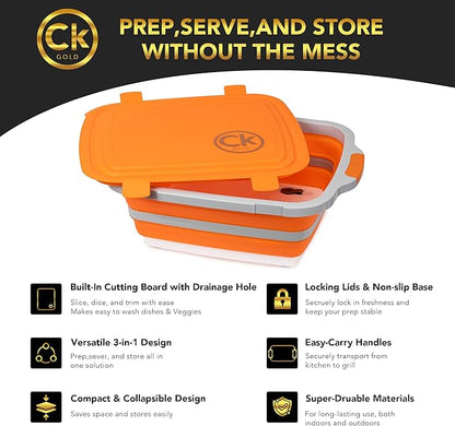 New XL Collapsible BBQ Prep Tub with LOCKING Lid, Cutting Board & Drain Hole | BPA-Free, Food-Grade, Space-Saving Marinating Container for Grilling, Kitchen & Outdoor Cooking (Orange, 30 L)