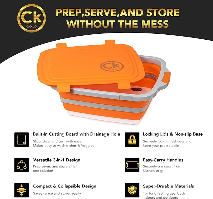 Collapsible BBQ Prep Tub - Includes Cutting Board, LOCKING Lid & Strong Drain Hole for Meal Prep & Marinating | BPA-Free, Food-Grade BBQ & Meat Prep Tubs, Best Grilling Gifts (Orange, 8 L)