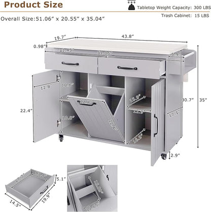 51.06" Mobile Kitchen Drop Leaf and Multipurpose Tilt-out Trash Can,Storage Cabinet w/Spice, Towel Rack & Drawer & Adjustable Shelf,Rolling Islands on Wheels,Grey, 50.25"