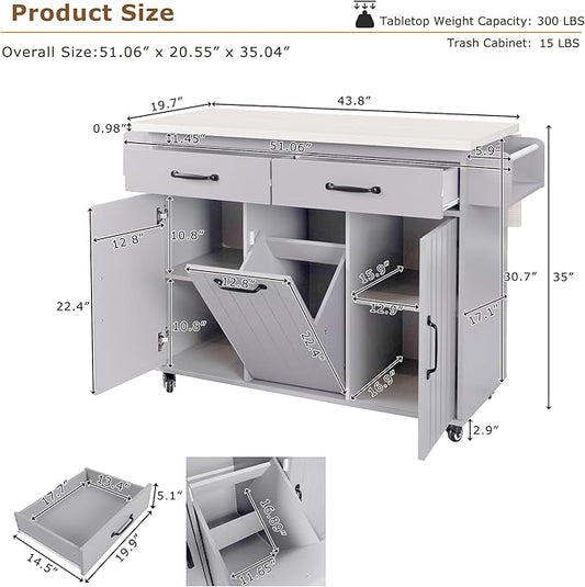51.06" Mobile Kitchen Drop Leaf and Multipurpose Tilt-out Trash Can,Storage Cabinet w/Spice, Towel Rack & Drawer & Adjustable Shelf,Rolling Islands on Wheels,Grey, 50.25"