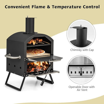 COSTWAY Picnic Outdoor Pizza Oven, Wood Fire Stone with Peel, Waterproof Cover, Fold-up Legs, Portable Stainless Steel Pizza Maker for Camping, Black + Silver