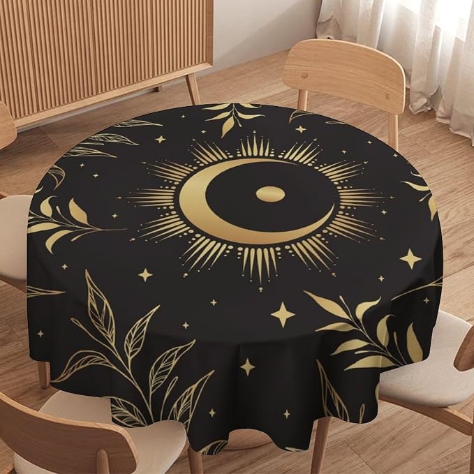 Sun Moon Round Tablecloth Vintage Boho Astrology Gold Celestial Star Crescent Galaxy Space Table Cloth Water Resistant Wipeable Table Cover for Picnic Party Kitchen Dinner Table 36"