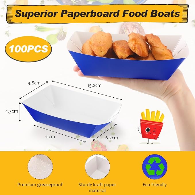 100 Pcs 2lb Paper Food Trays Boat Nacho Boats for Hot Dogs, Blue | Grease-Resistant, Disposable Kraft Paper Boat for Tacos Concession, Food Trucks, Birthday, Wedding, Christmas, Halloween