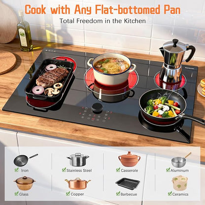 36 Inch Electric Cooktop, 5 Burner Stove Top 9600W, Built in Electric Cooktop 36", Magnetic Knob, Three-ring Burner & BBQ, Timer, Safety Lock, Pause, 220V-240V Hard Wire (No Plug)