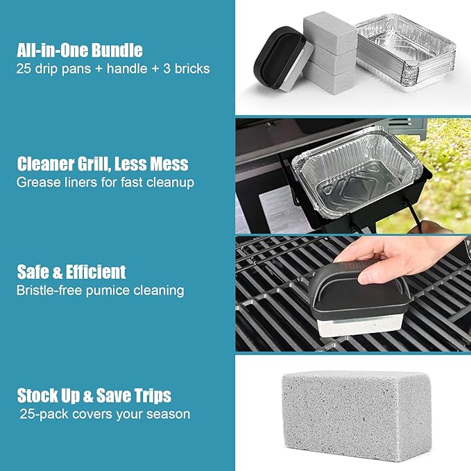 25 Pack Aluminum Drip Pans & 4 Pack Grill Cleaning Pumice Bricks with Handle, Compatible with Weber Spirit, Genesis, Traveler, Q Series, Disposable Foil Grease Trays, for BBQ/Camping
