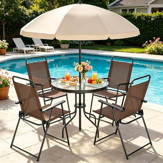 Shintenchi 6 Piece Outdoor Patio Furniture Set, Small Outdoor Patio Dining Table and Chairs Set, Outdoor Seating with Umbrella for Backyard, Balcony, Front Porch, Light Brown